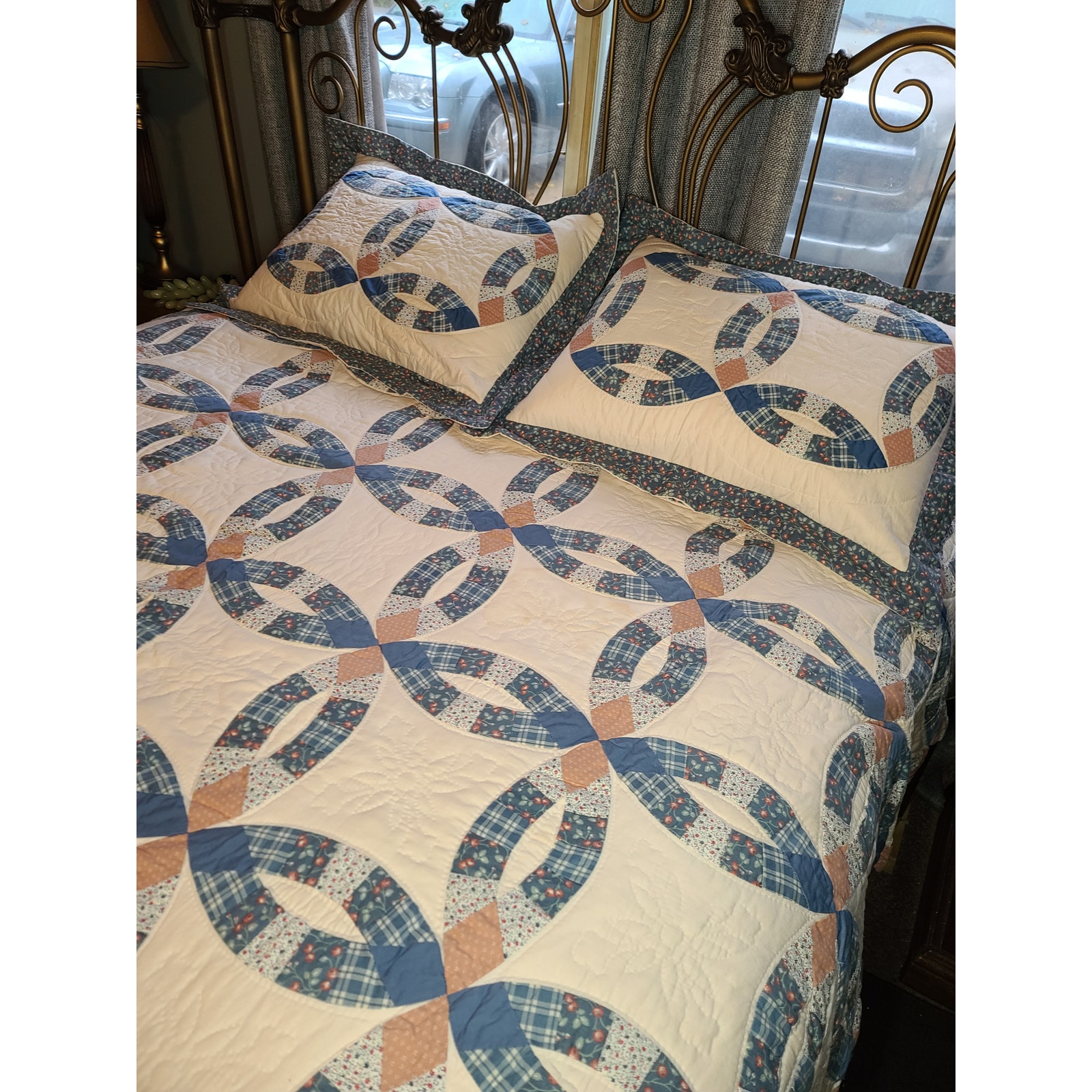 Vintage Arch, Inc. NY Double Wedding Ring Scalloped Edge Quilt 2 Shams 88x88.5