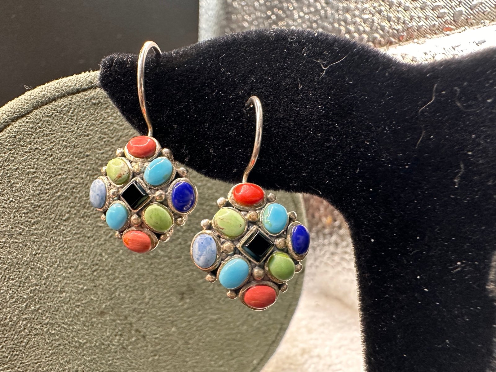 Vintage Old Pawn Multistone Sterling turquoise onyx basket earrings
