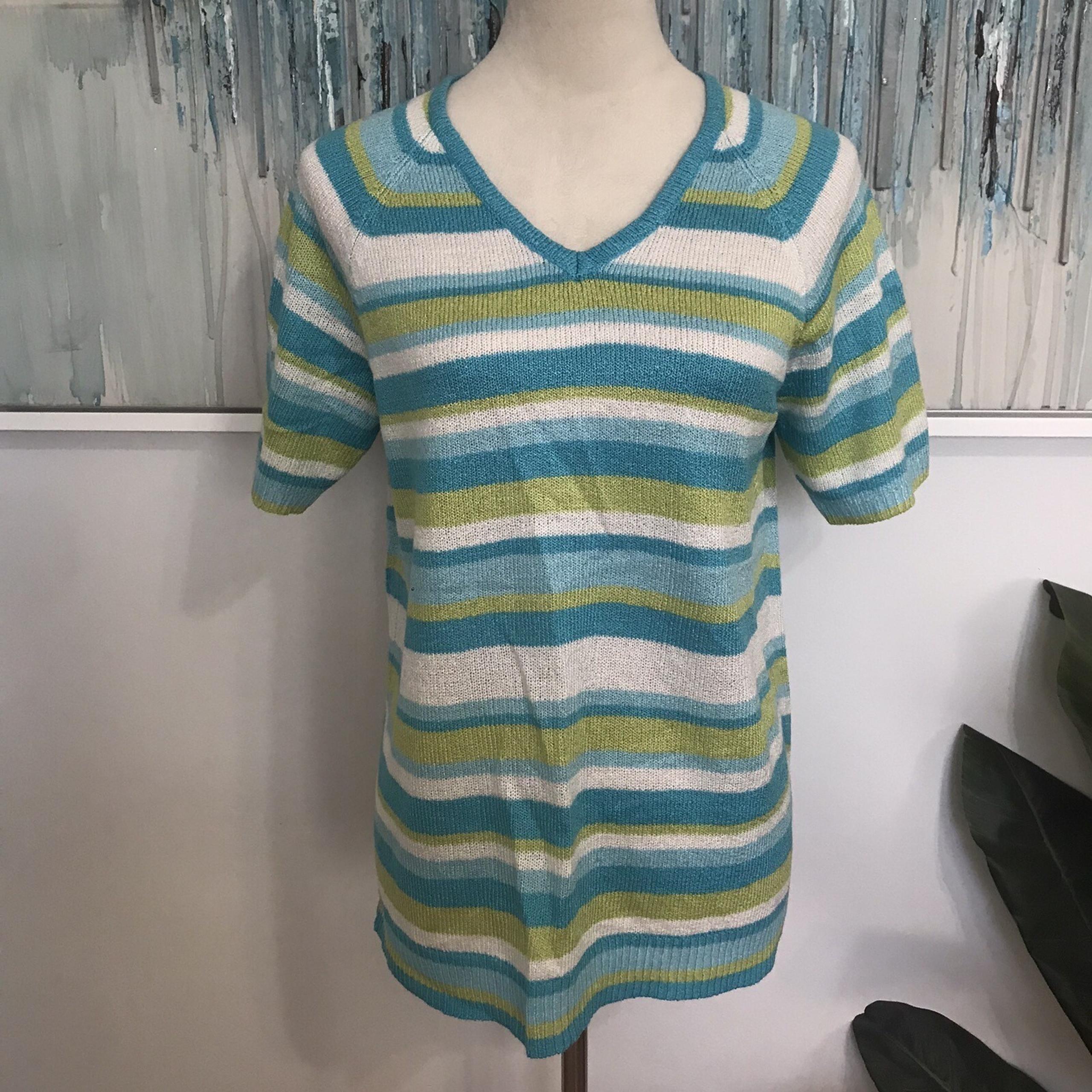 White  Stag Striped Knit Top V-Neck Short Sleeve Casual Summer Tee Shirt
