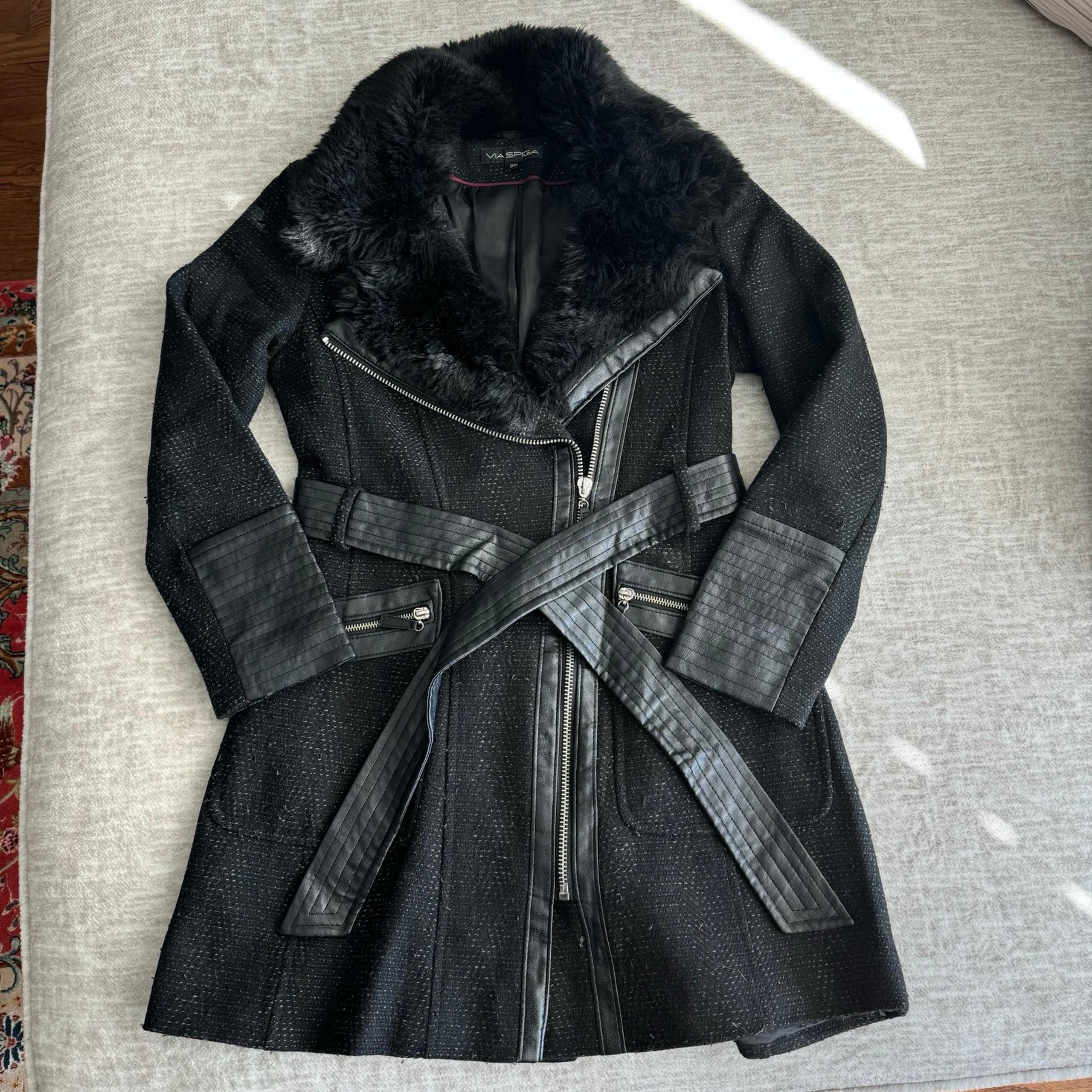 Black Faux Fur & Leather Trim Peacoat