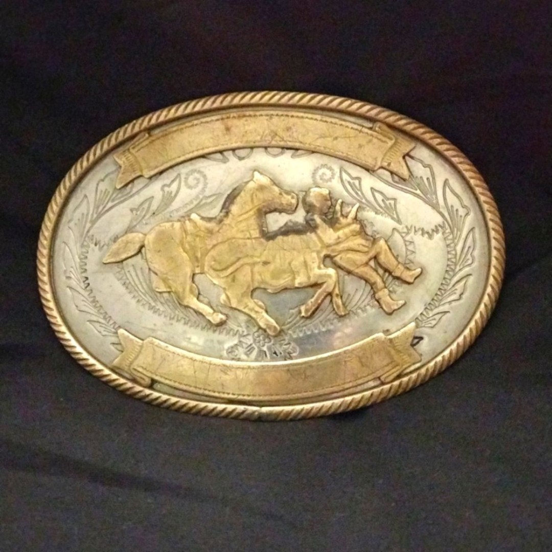 Steer Wrestler German Silver Belt Buckle - Vintage 1960's