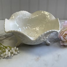 Large 3 Footed Bowl Ruffle Style With Embossed Raised Roses
