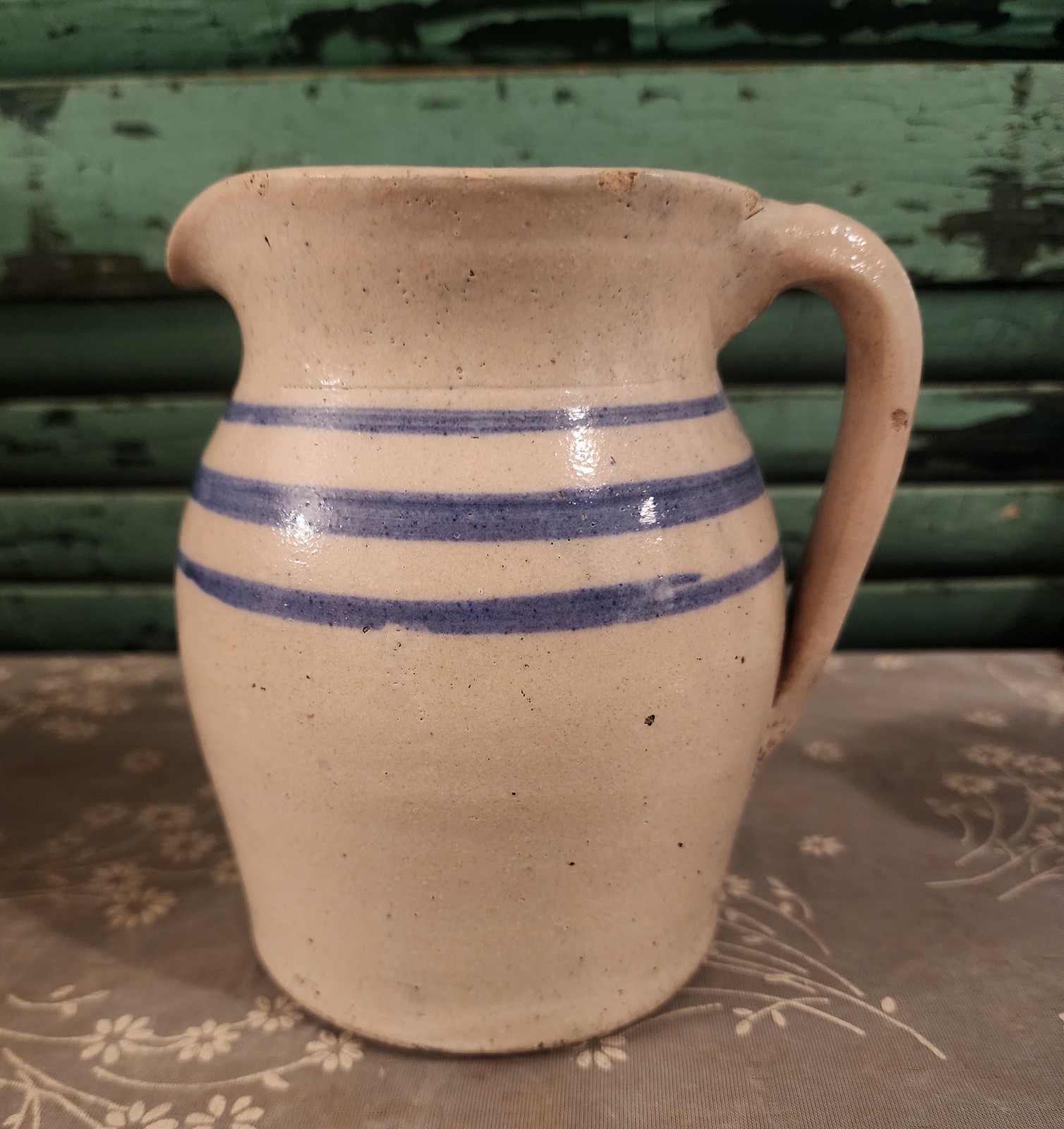 Tan / Blue Stripe Crock Pitcher