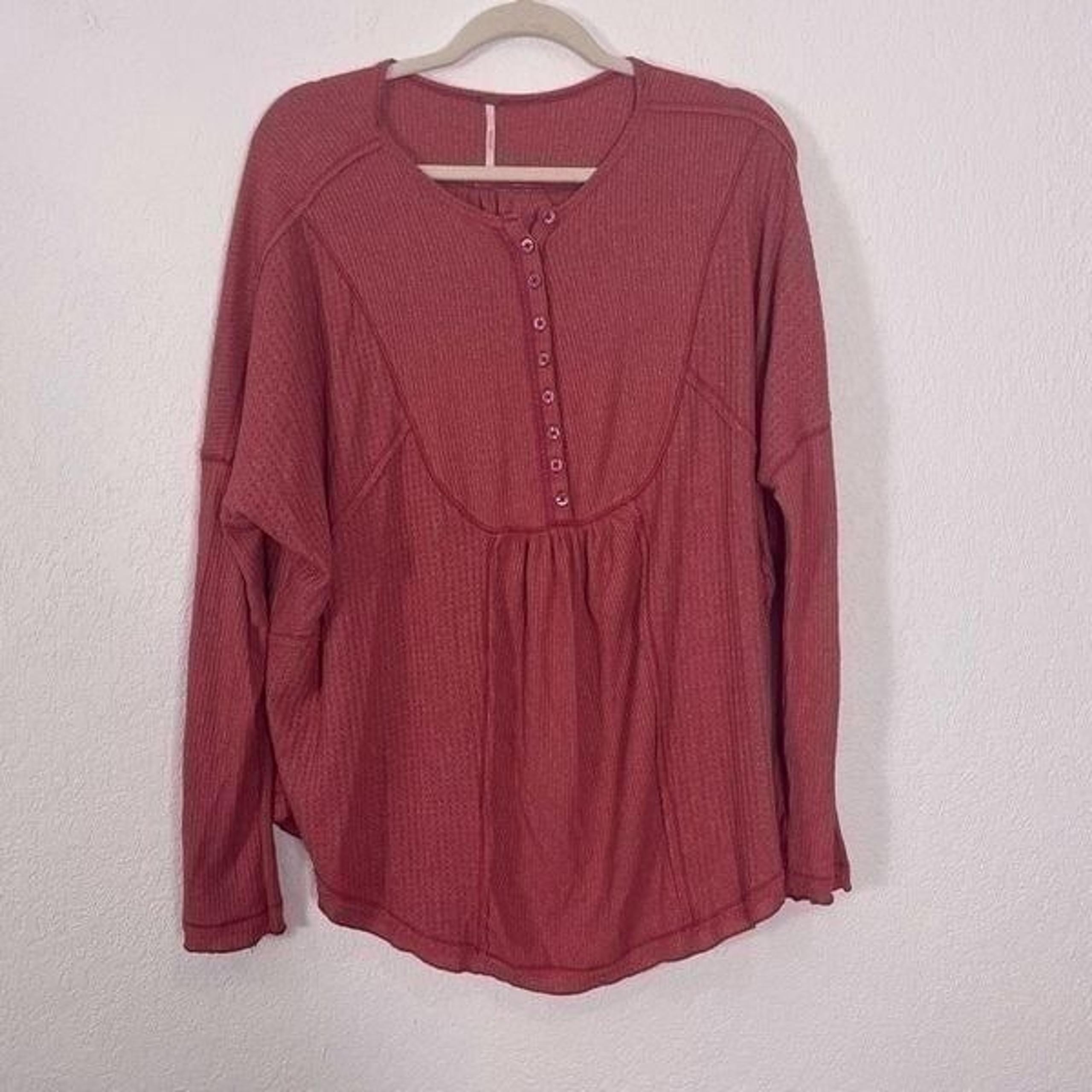 Free People Pink Waffle Knit Henley Long Sleeve Shirt