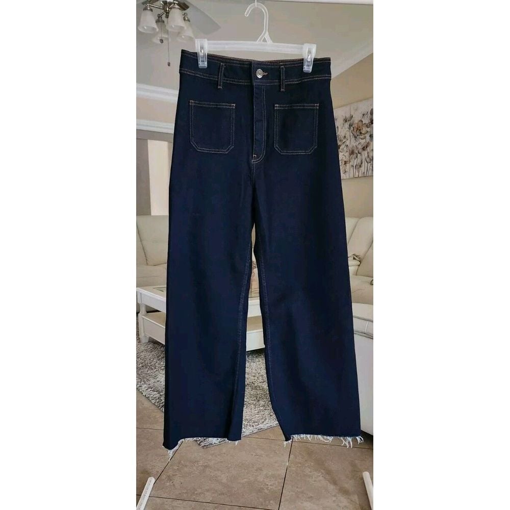 ZARA Trinny Jeans Womens Extra Wide Leg Flare Raw Hem Dark Denim Blue Size 8