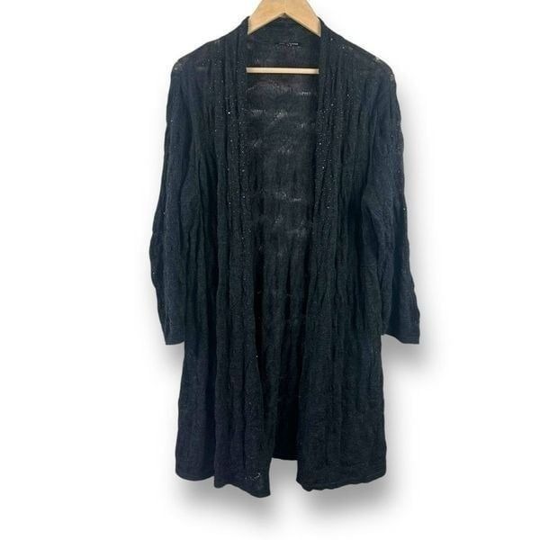 Eileen Fisher L Open Knit Longline Cardigan Sweater Black Beaded Merino Wool
