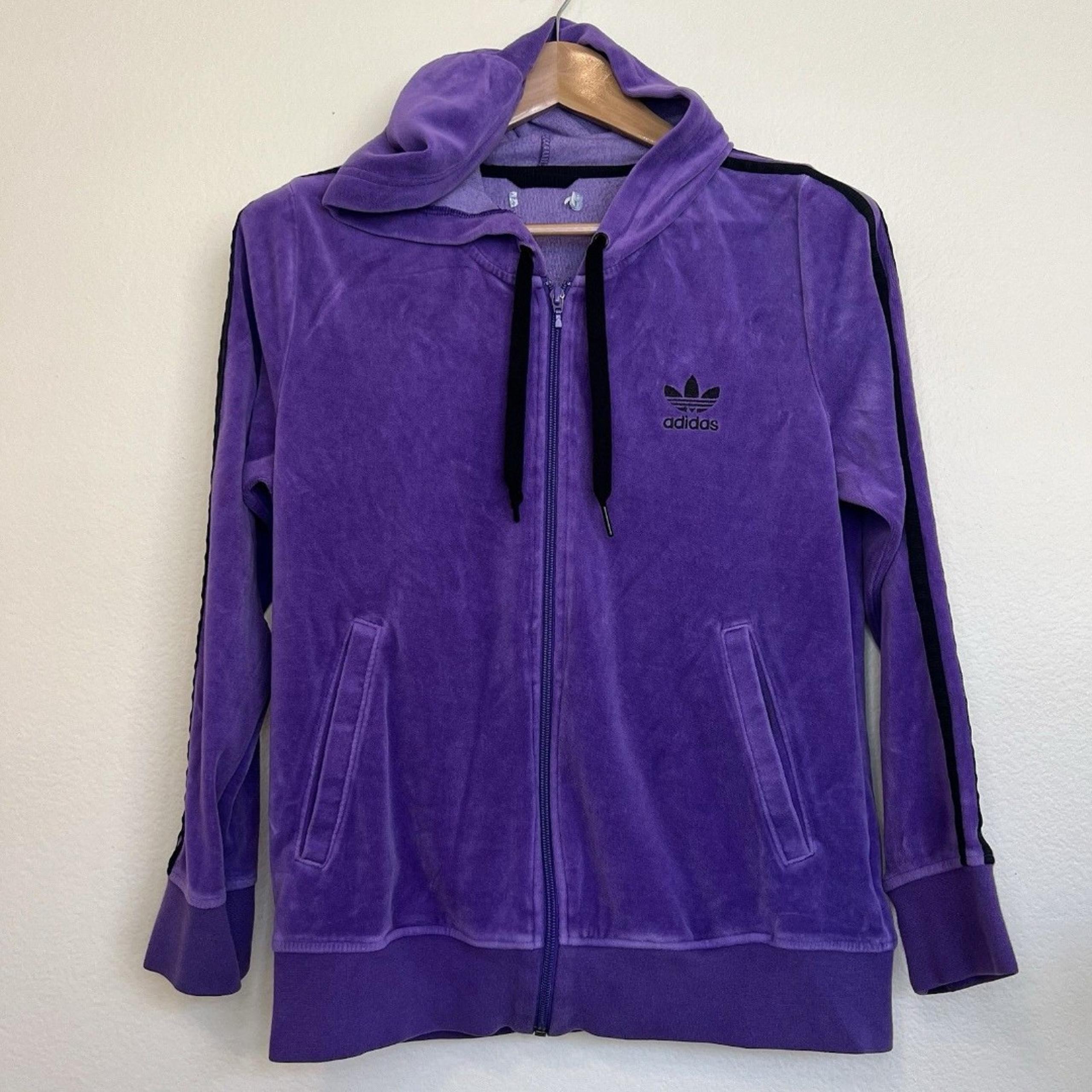 Adidas Original Velvet Hoodie Track Jacket Women Sz M Full Zip Deep Purple Y2K