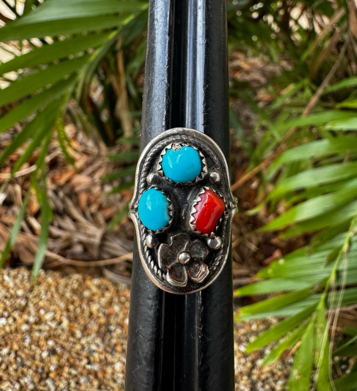 Native American Sterling Silver Ring with Turquoise and Coral