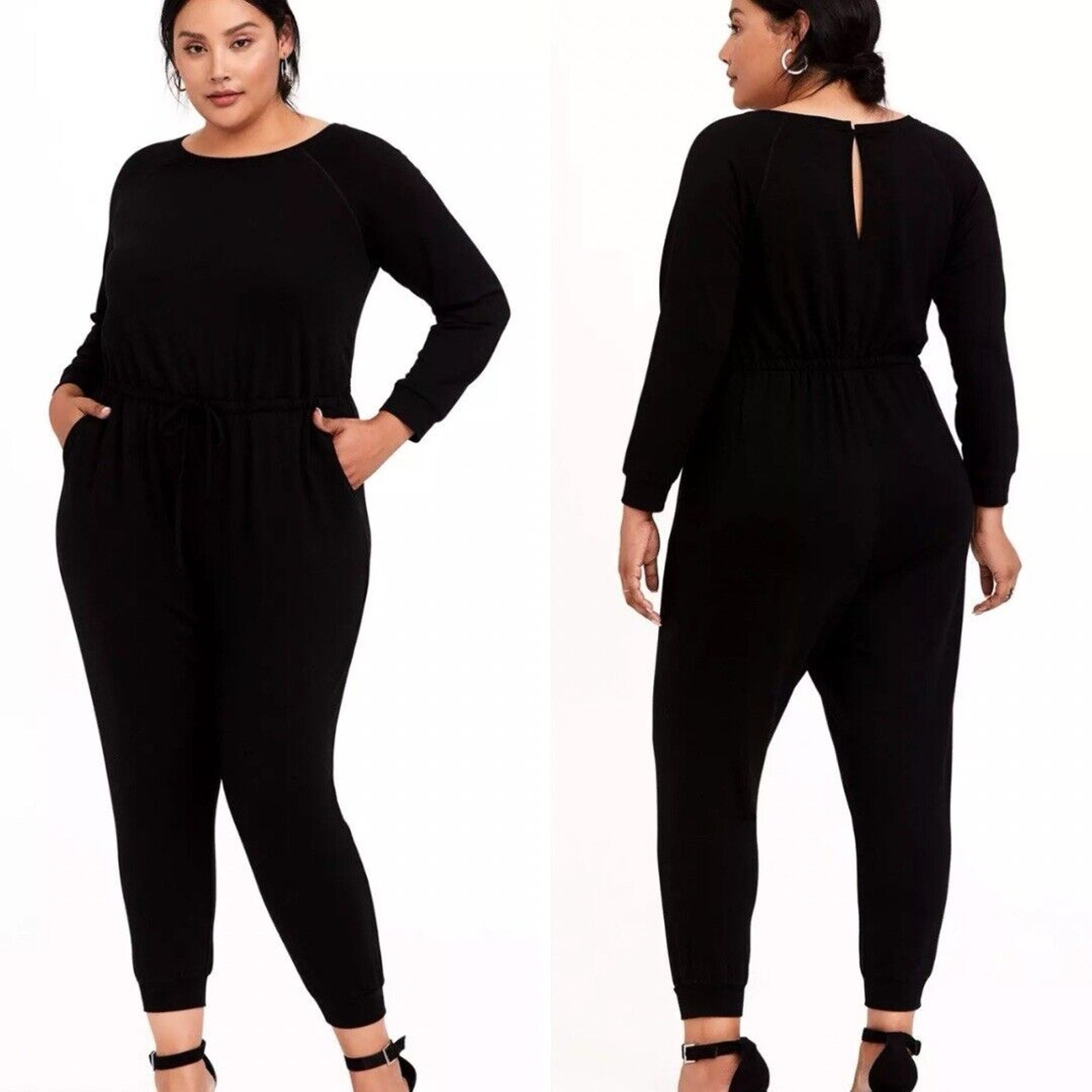 Torrid Long Sleeve Jumpsuit Size 4/4X/26 Black French Terry Knit Drawstring