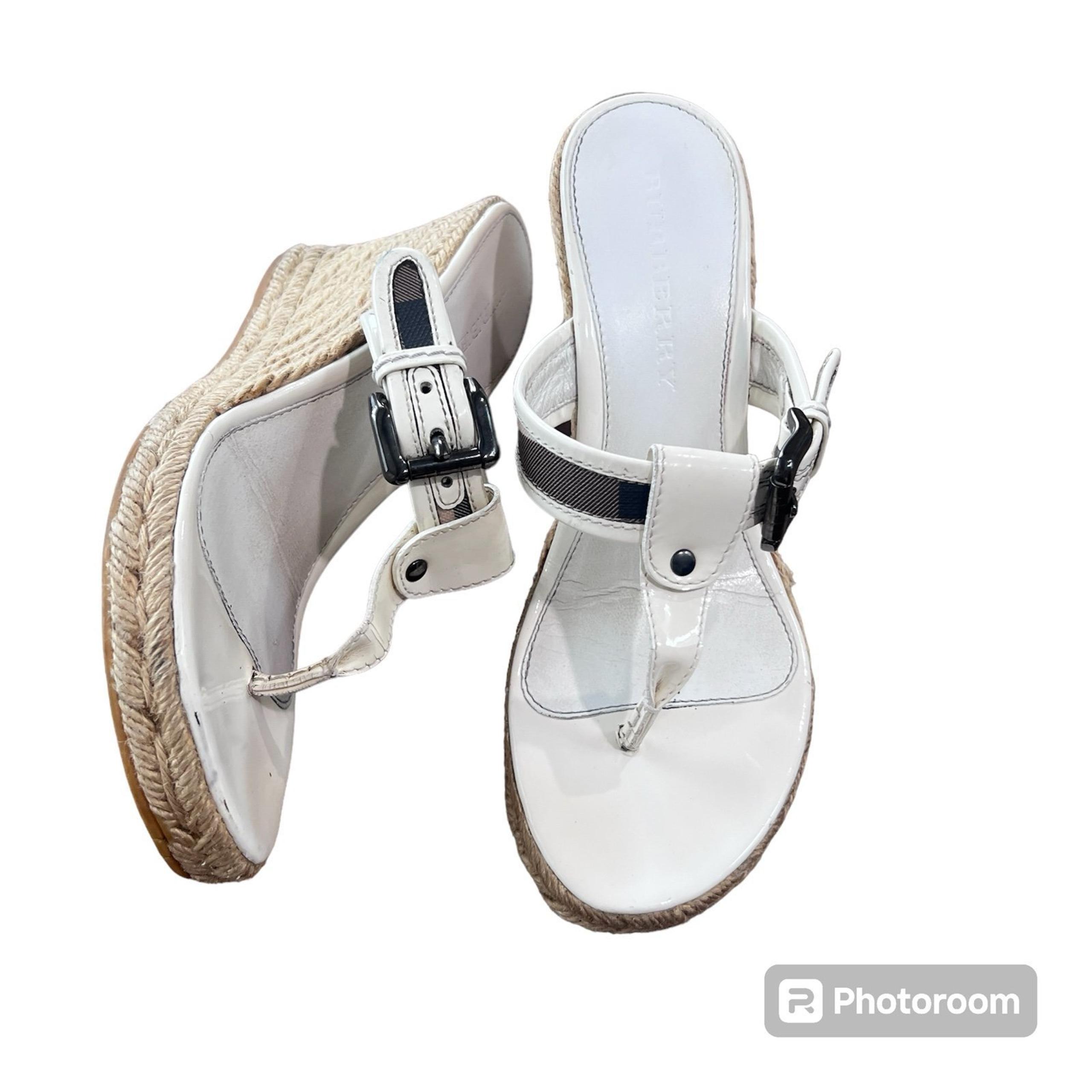 Burberry white patent leather espadrille wedge sandals