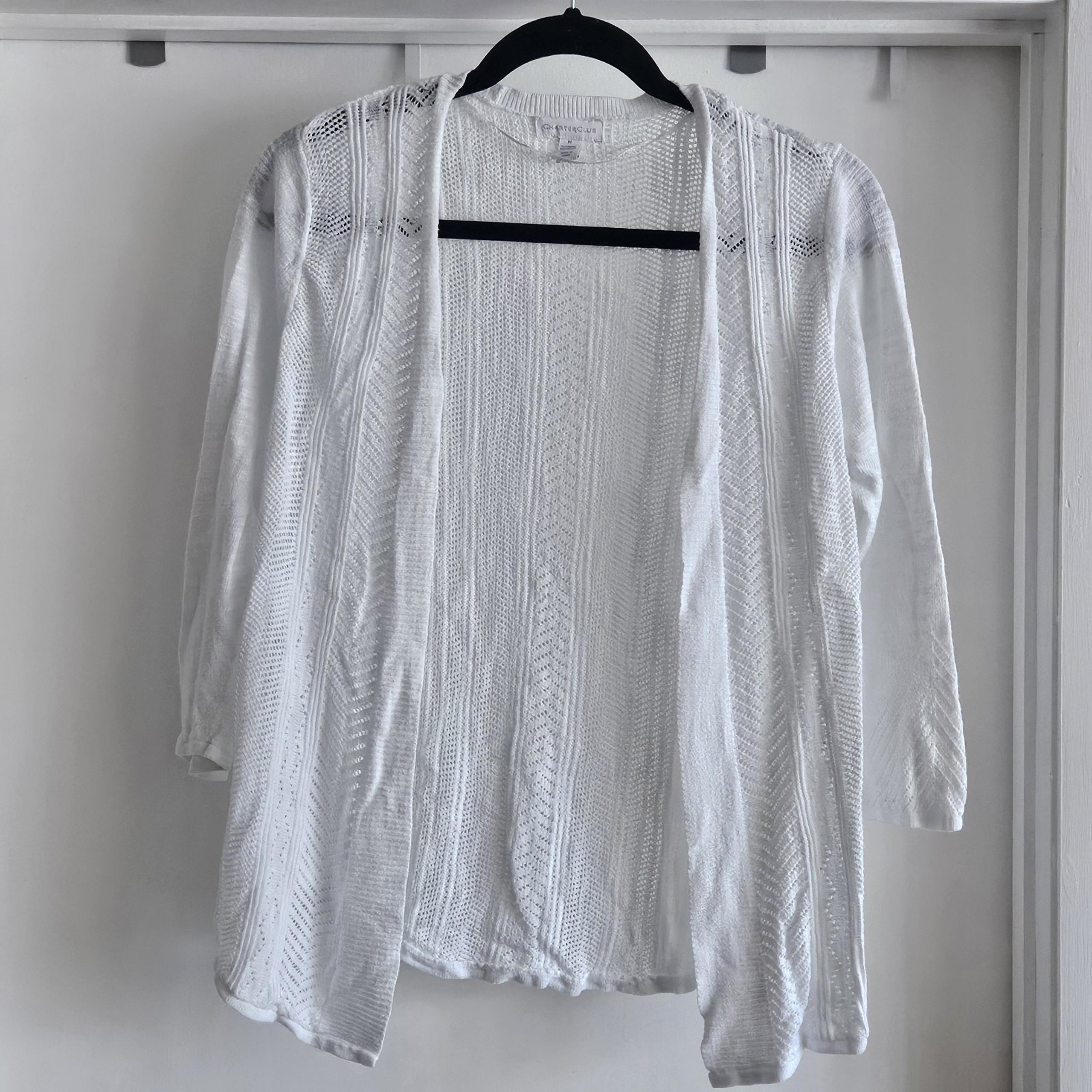 Charter Club White Cardigan Sweater Shrug Open Front 3/4 Sleeve EUC Size M