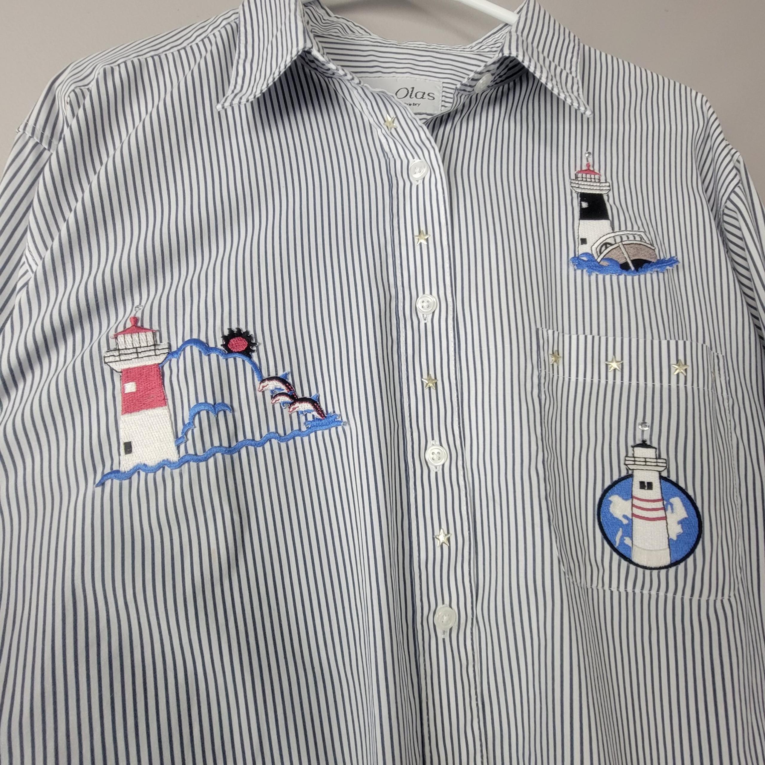 VINTAGE Las Olas Shirt White Stripe Embroidery Lighthouse Stars Button Up Sz XL