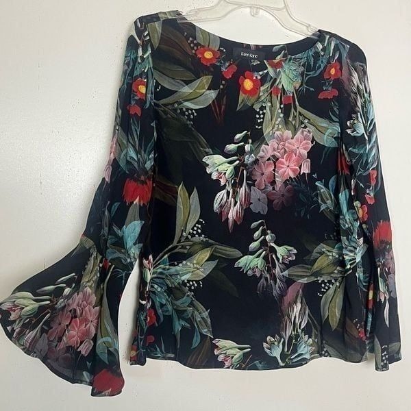 Karen Kane Floral Blouse Small Black Realistic Graphics Bell Sleeve Made in USA