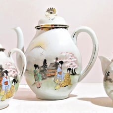 Vintage Kutani Japan Hand Painted Tea Set, Geishas, Cherry Blossoms, Birds