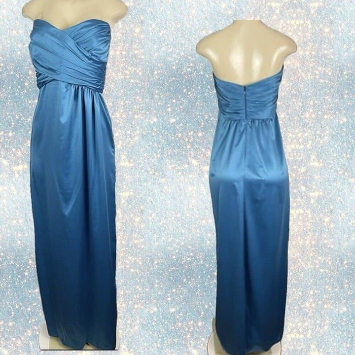 Amsale 10 Blue Satin Charmeuse Sweetheart Neckline Ruched Bodice Strapless Gown