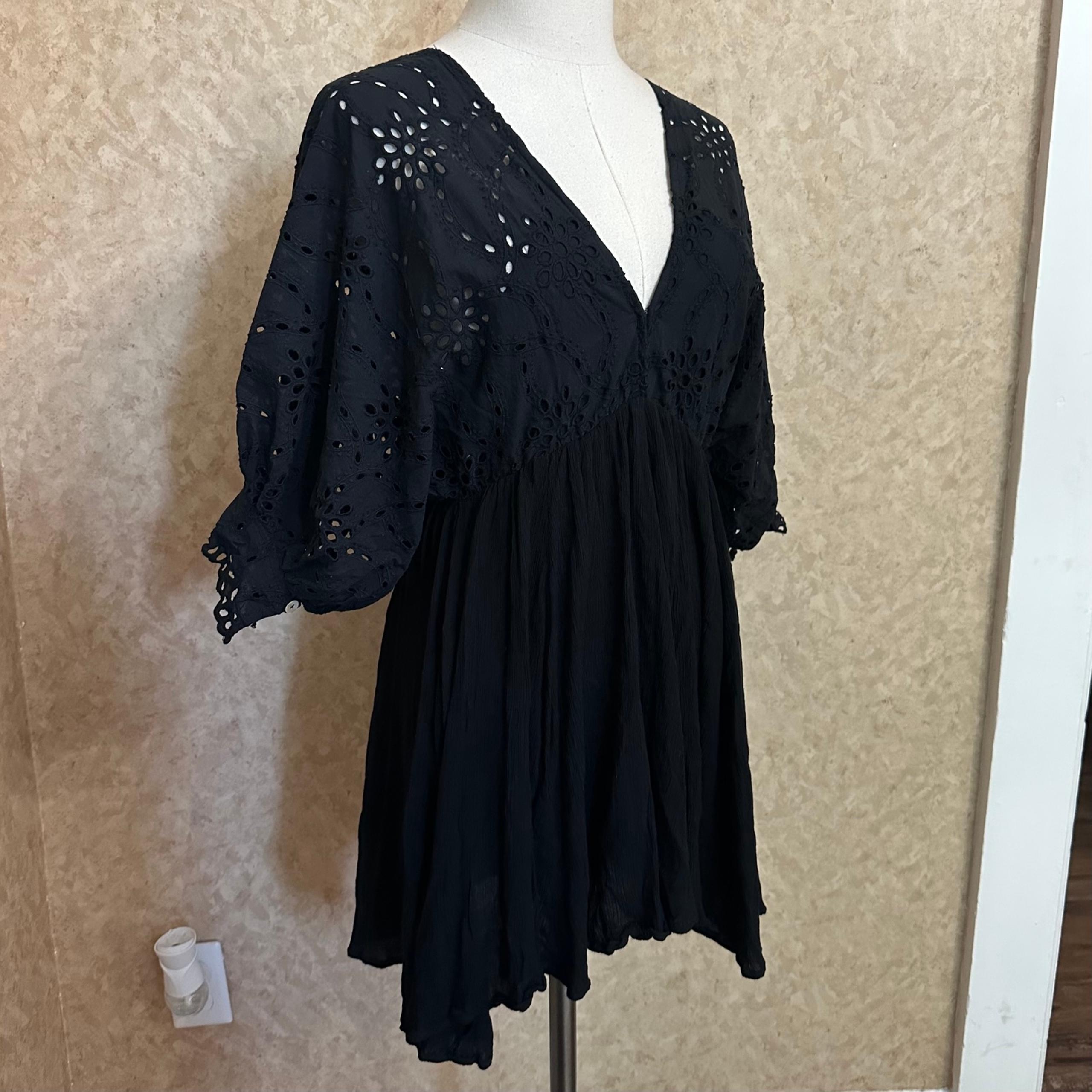 Olivaceous Black Eyelet Coastal Cowgirl Boho Puff Sleeve Deep V Open Back Mini D
