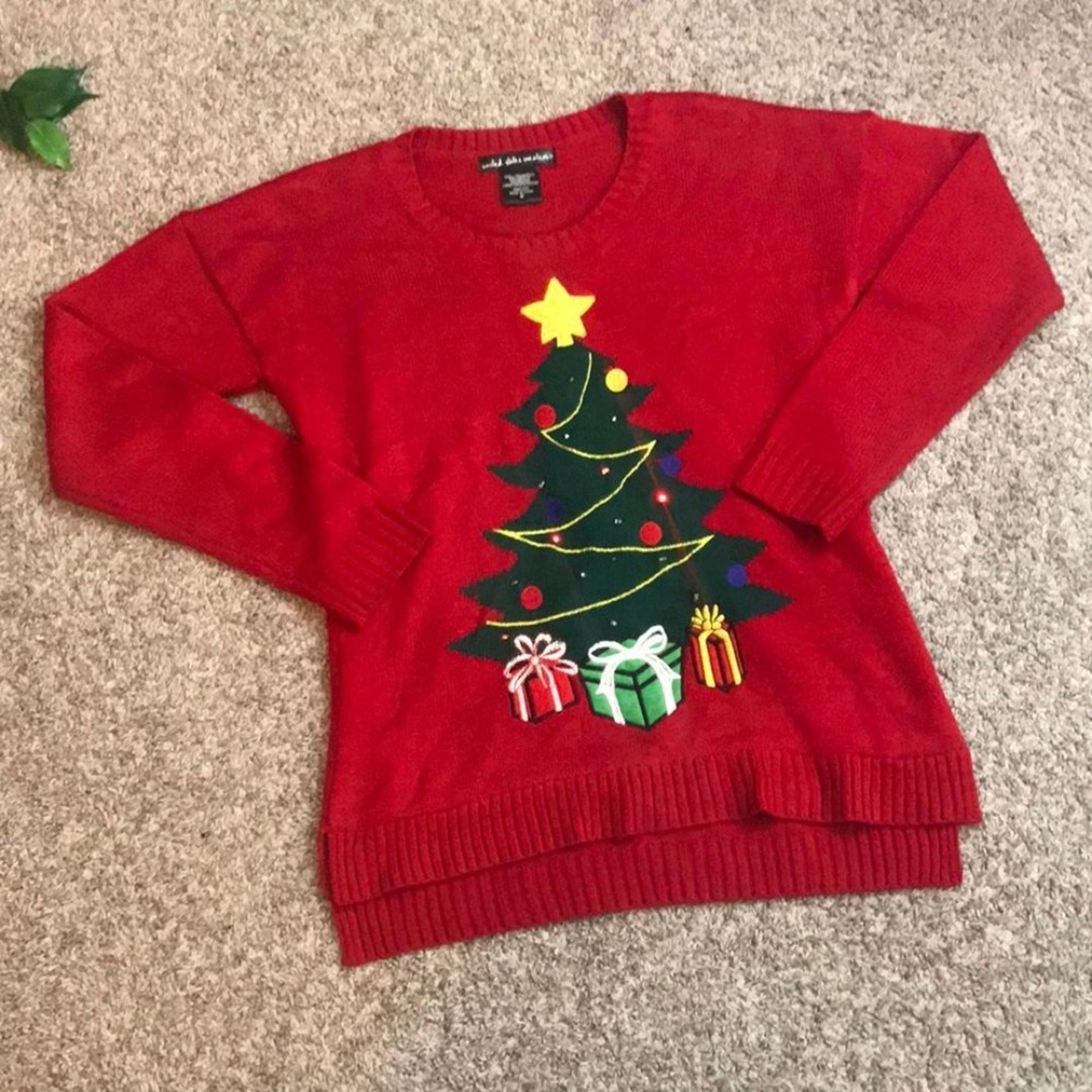 United States Sweaters Light Up Christmas Tree Holiday Red Crew Neck Knit Top