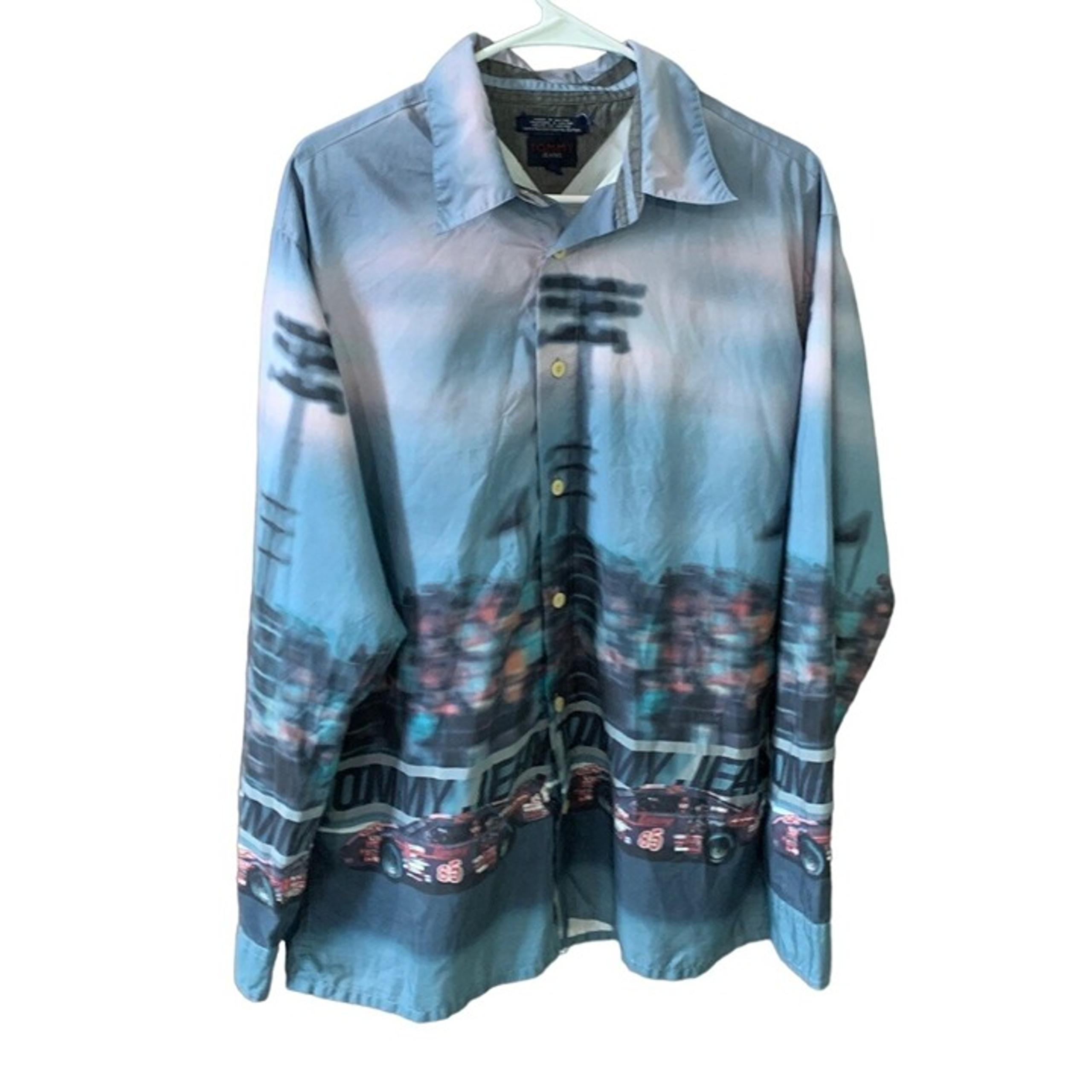 Tommy Hilfiger Jeans Mens Size L Long Sleeve Button Up Shirt Top Vintage Nascar