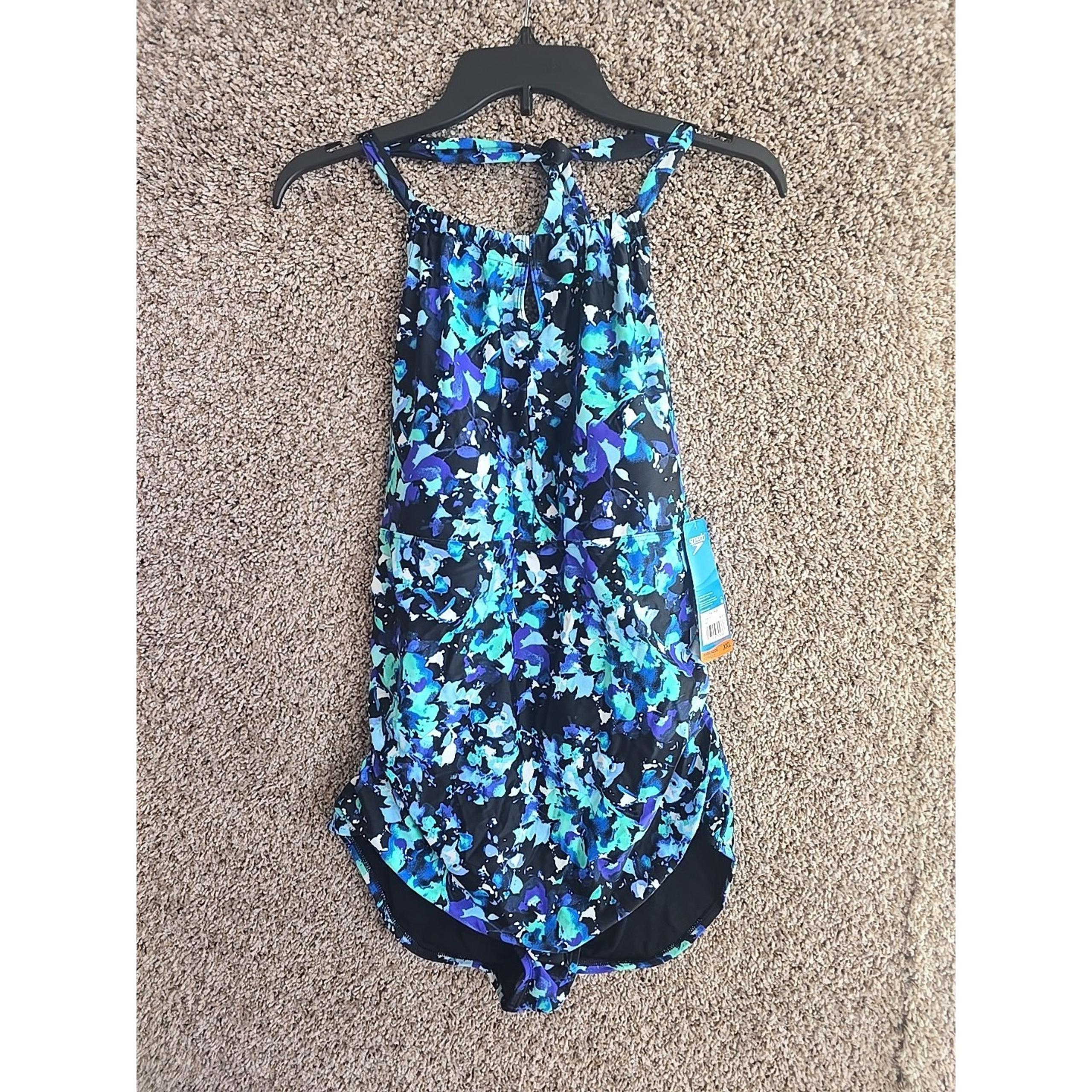 Speedo One Piece Swimsuit Womens XXL High Neck Keyhole Halter Blue Floral NWT