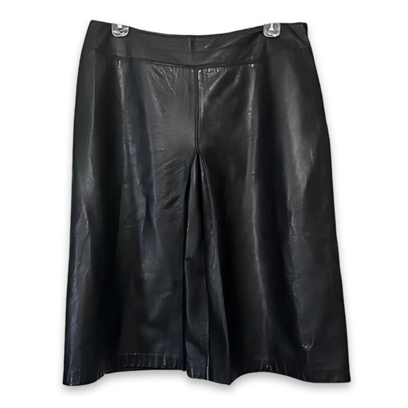 Anne Klein Skirt 100% Leather A-Line Knee Length Side Zipper Closure Black W 10