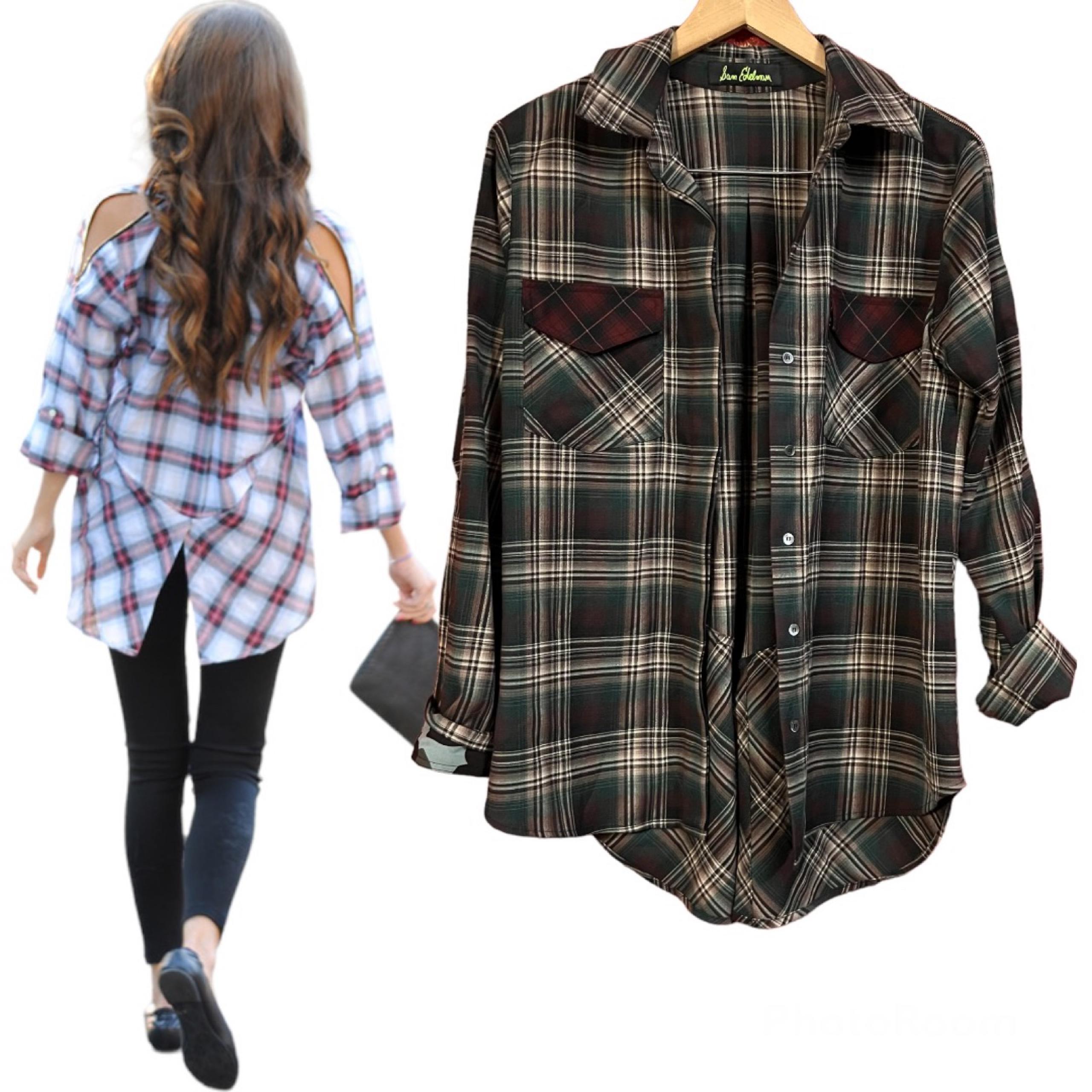 SAM EDELMAN THE WEEKENDER Plaid Cold Shoulder Zipper Button Down Top Shirt M