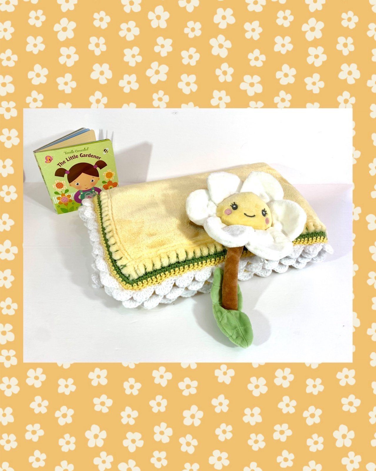 Sweet Little Gardener Yellow Flower Crochet Baby Blanket Plush & Book Set