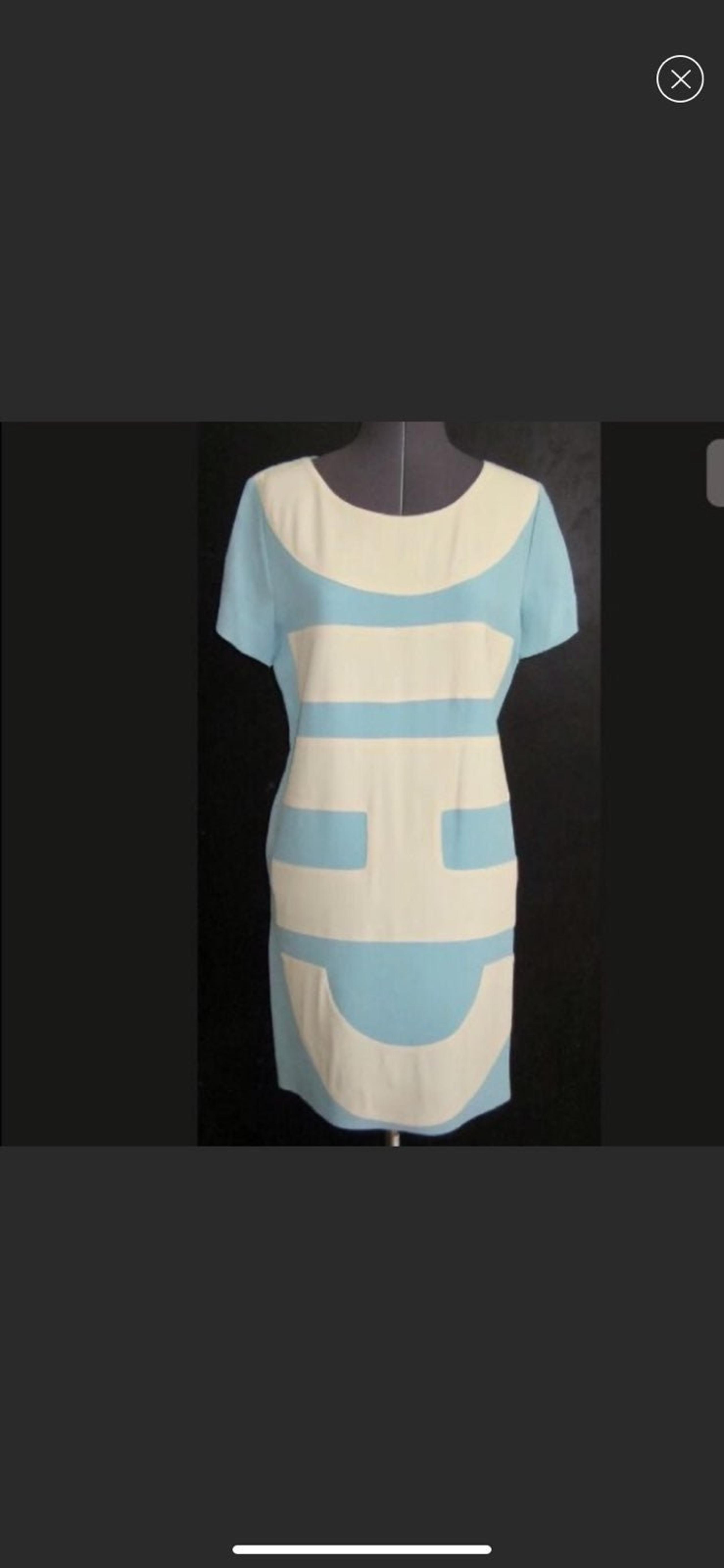 VINTAGE 1990s CHEAP & CHIC MOSCHINO SHEATH DRESS AQUA BLUE CREAM CREPE 8 38