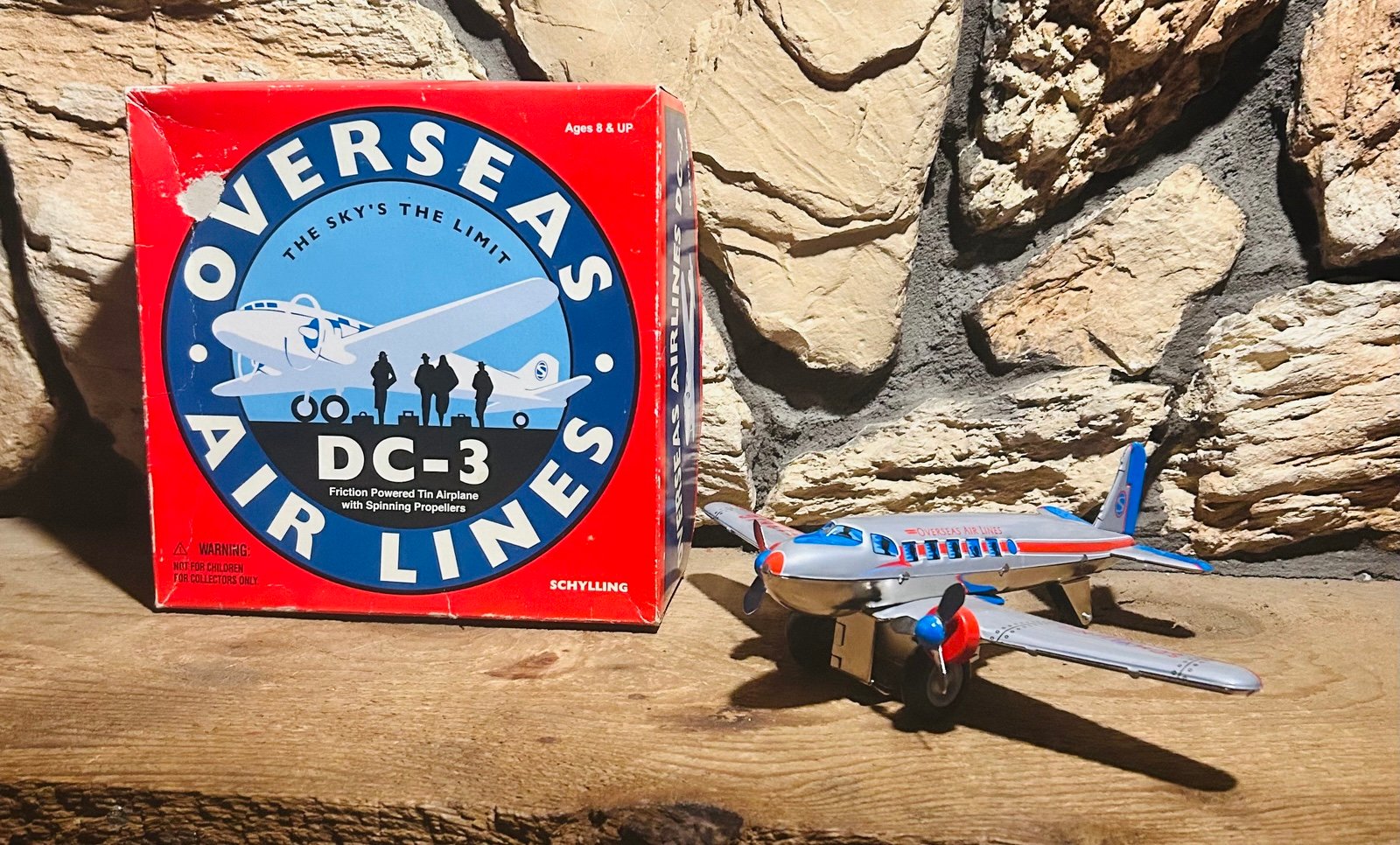 Vintage Overseas Air Lines DC-3 Friction Powered Tin Airplane with Spinning Pro