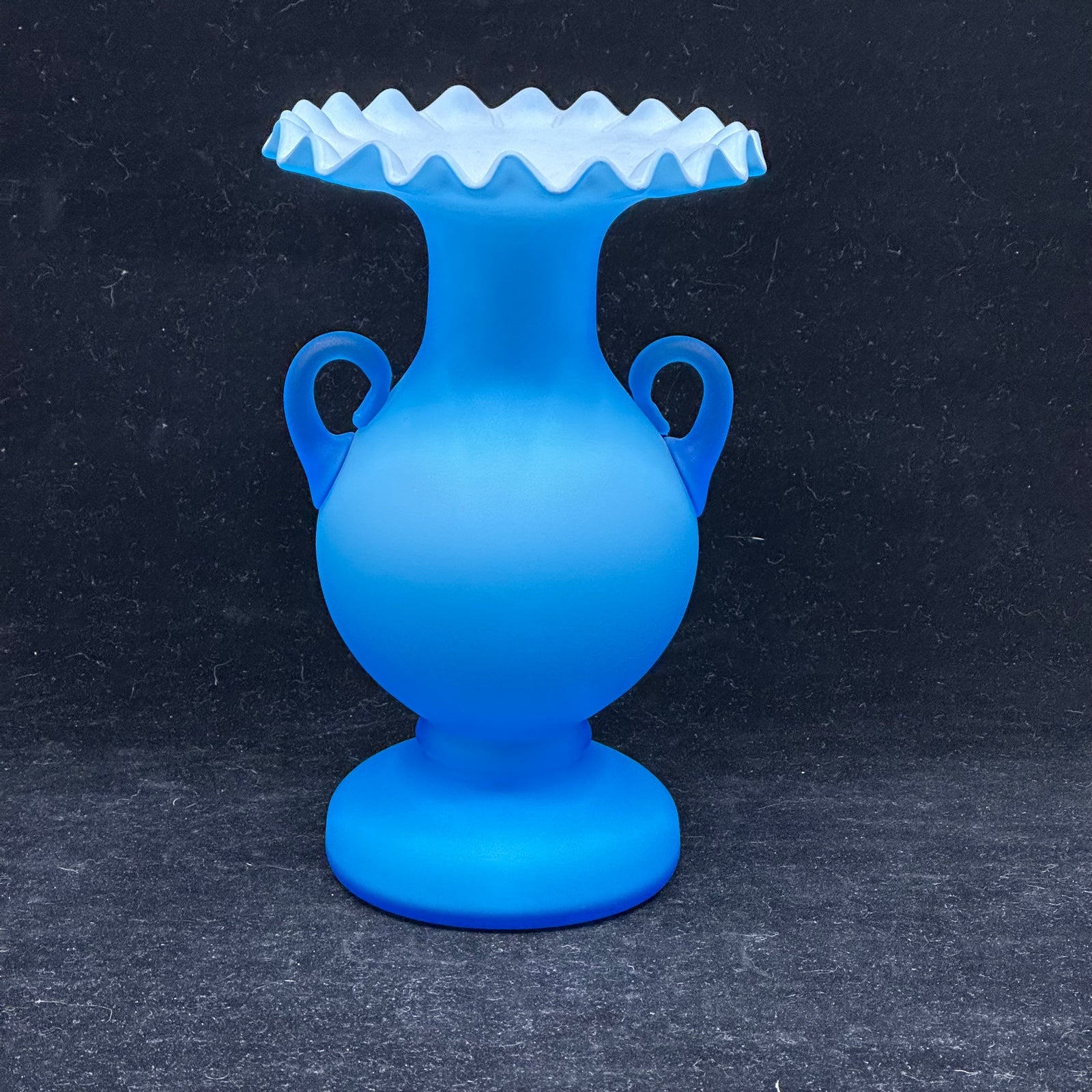 Vtg Handblown Urn Style Blue Cased Satin Glass Ruffled Edge Applied Handles Vase