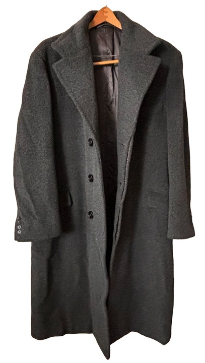 Vintage Crombie Mens XL Bespoke Tailored Wool Long Coat Dark Gray Lined Overcoat