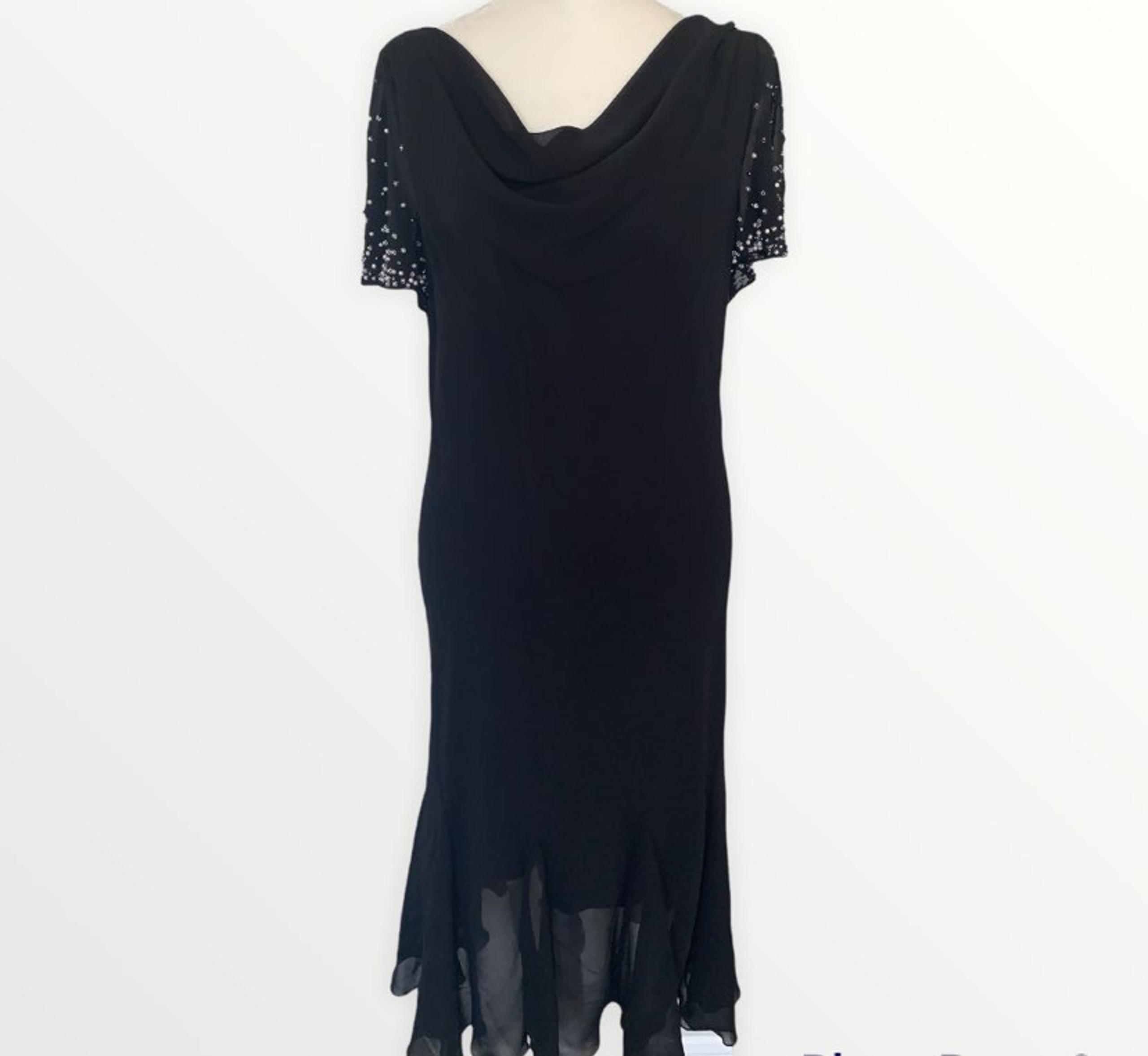 S.L. Fashions Black Beaded Midi Dress with Criss-Cross Back and Cowl Neck Size 1
