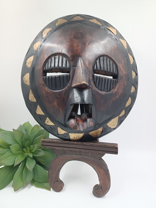 Vintage Carved Wood & Brass Indigenous Wall Hanging Mask - 13.5 R x 3 Deep