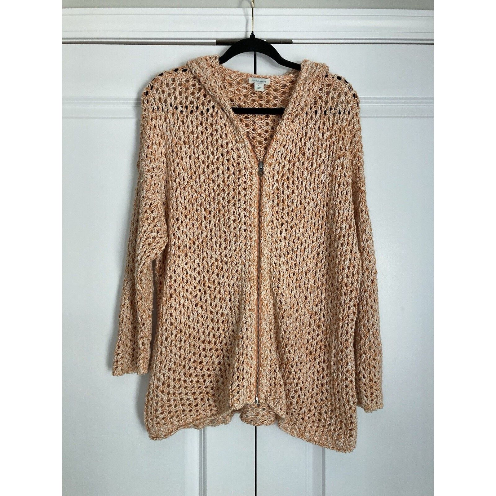 Sundance Orange Cream Hooded Loose Knit Crochet Jacket Zip Up Sweater Sz Large