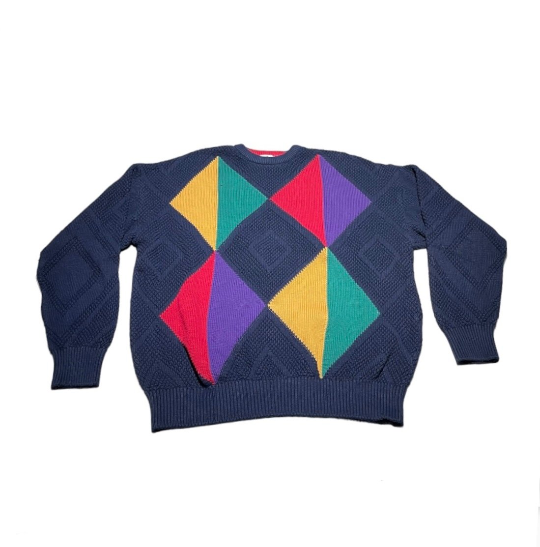 Vintage 90s Claiborne multicolor diamond cut chunky knit sweater size L
