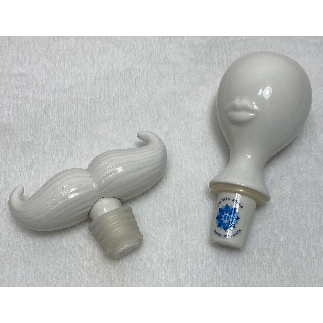 Jonathan Adler Mustache & Woman Mrs. Porcelain Wine Stopper Set Minimalist Gift