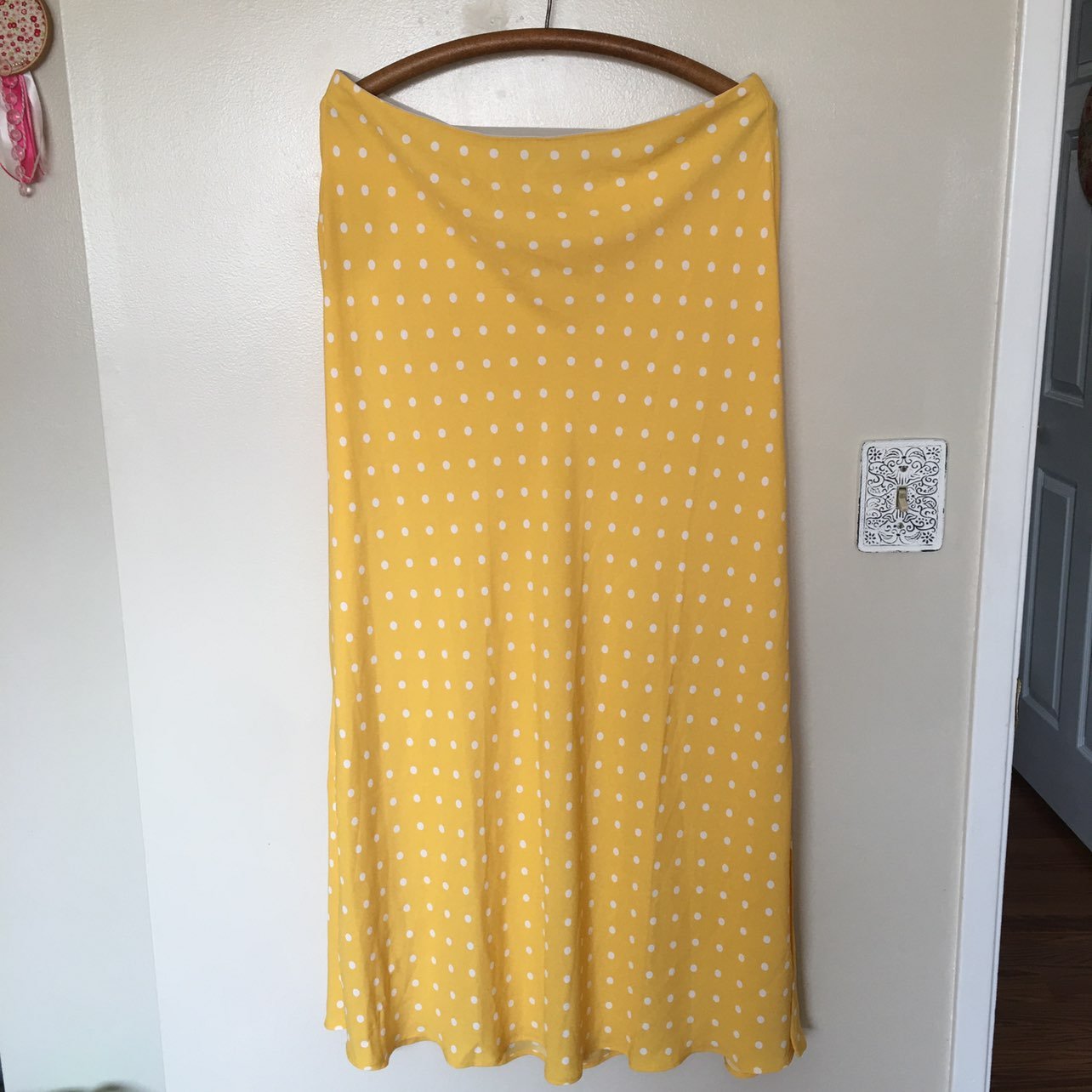 Loft Yellow Polka Dots Side Slits Maxi Skirt size L NWT
