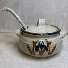 Studio pottery stoneware soup tureen with lid, ladle.