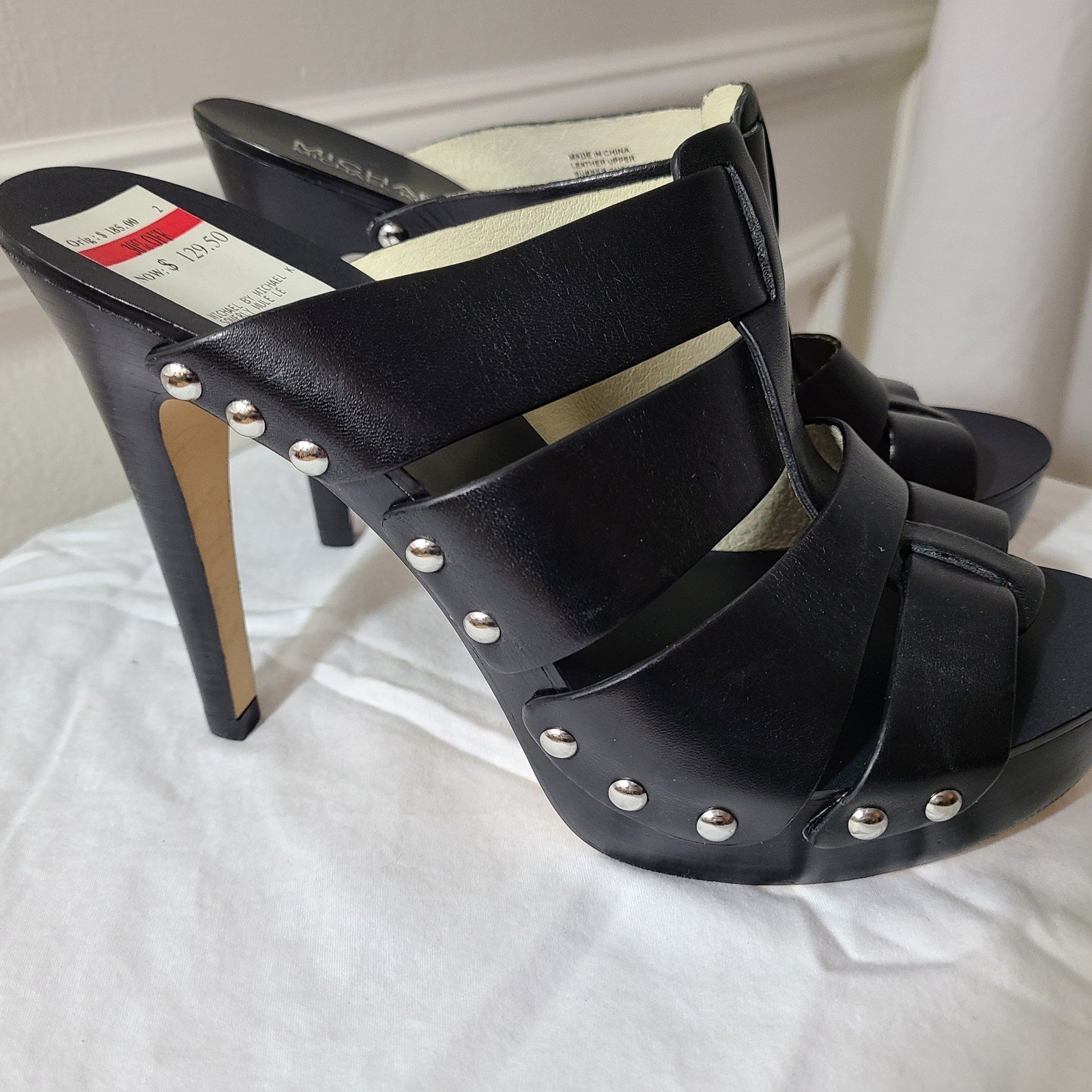 Michael Kors Black Leather Platform Cage Peep Toe Mule High Heels Size 7.5