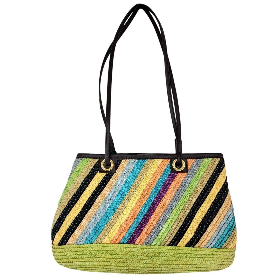 Vintage Rainbow Diagonal Striped Double Top Handle Straw Handbag Purse