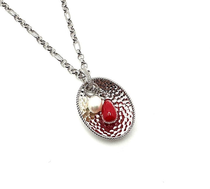 Gem Exchange Designer 925 Sterling Silver Red Coral & Pearl Pendant 14