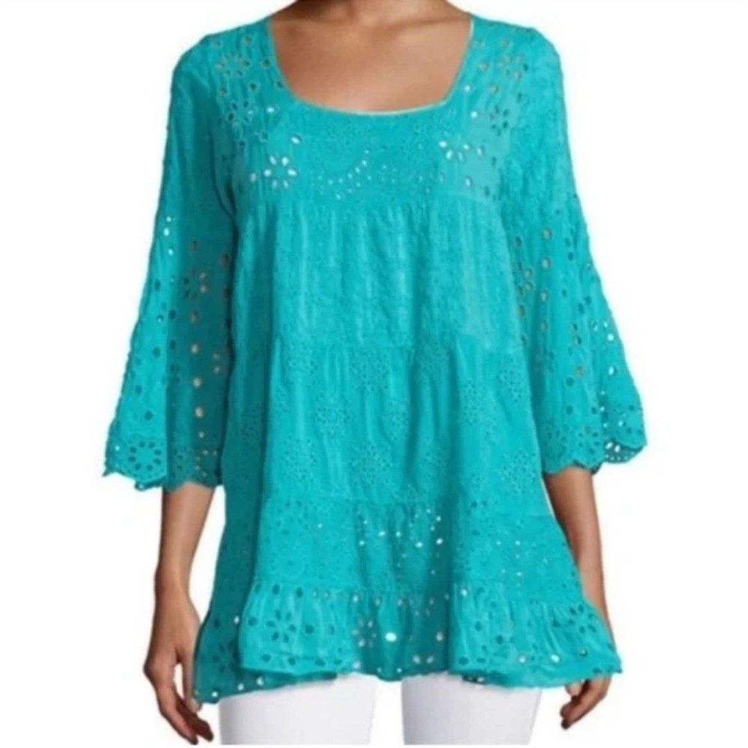 Johnny Was Eyelet Tunic Blouse Peasant Boho Turquoise Green Blue Small