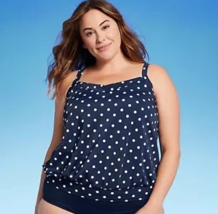 Lands' End Women's Polka Dot Blouson Tankini Tank Top Swimsuit, Navy Blue 1X