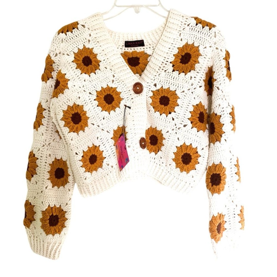Handmade Sunflower Cream Knit Button Crop Cottagecore Cardigan