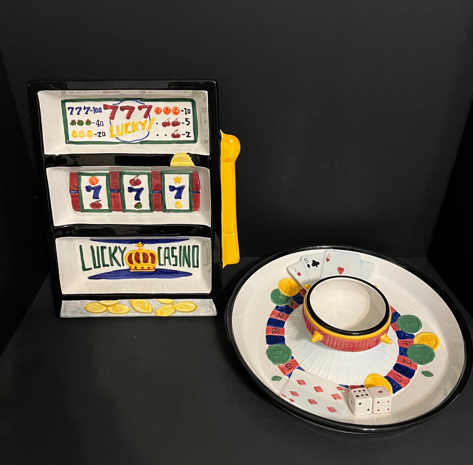 Lady Luck Roulette Wheel Dice Cards Poker Chip and Dip and slot machine dish