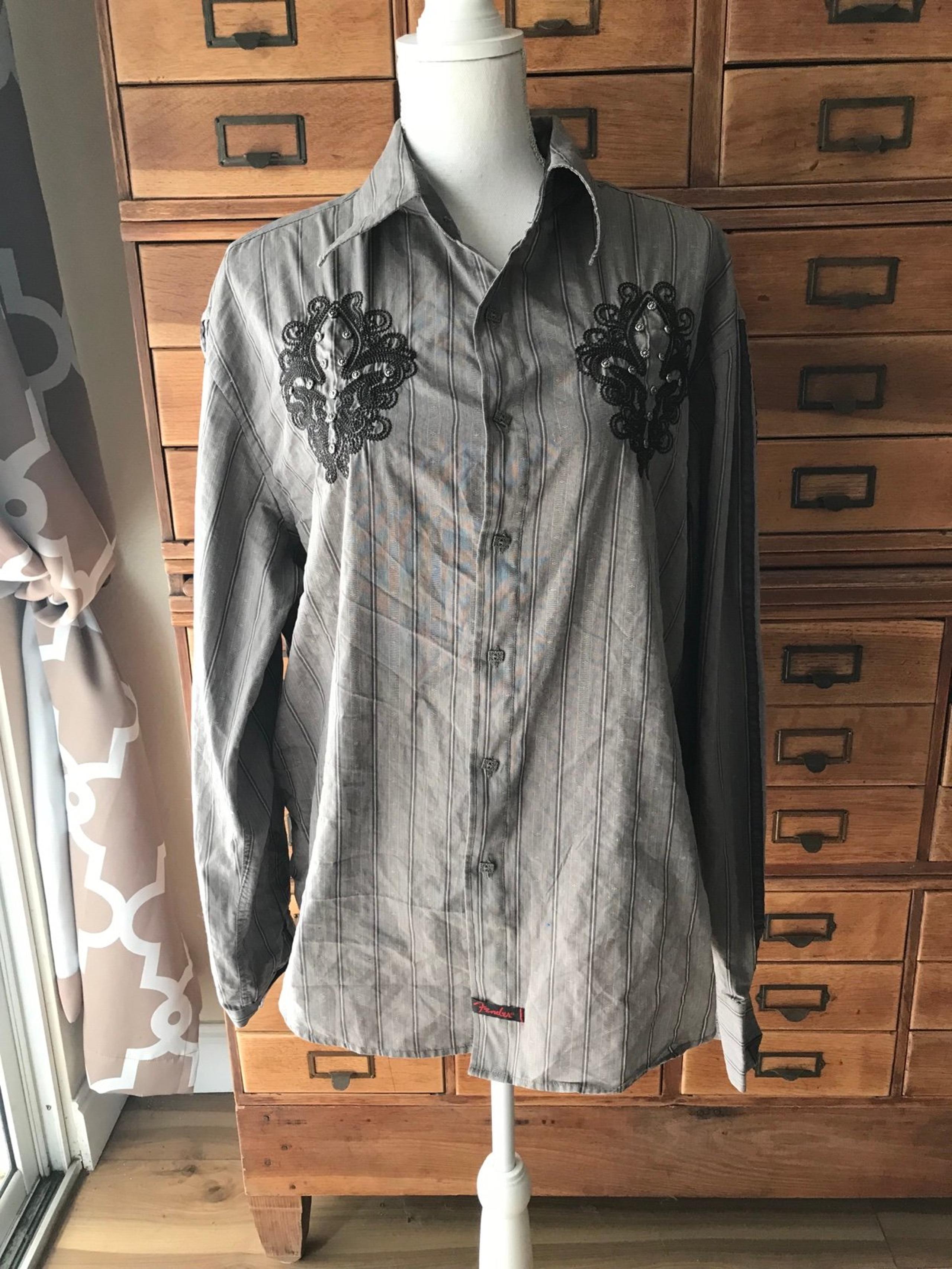 Fender Custom Shop Shirt Gray Embroidered Fleur De Lis Button Front Sz XL
