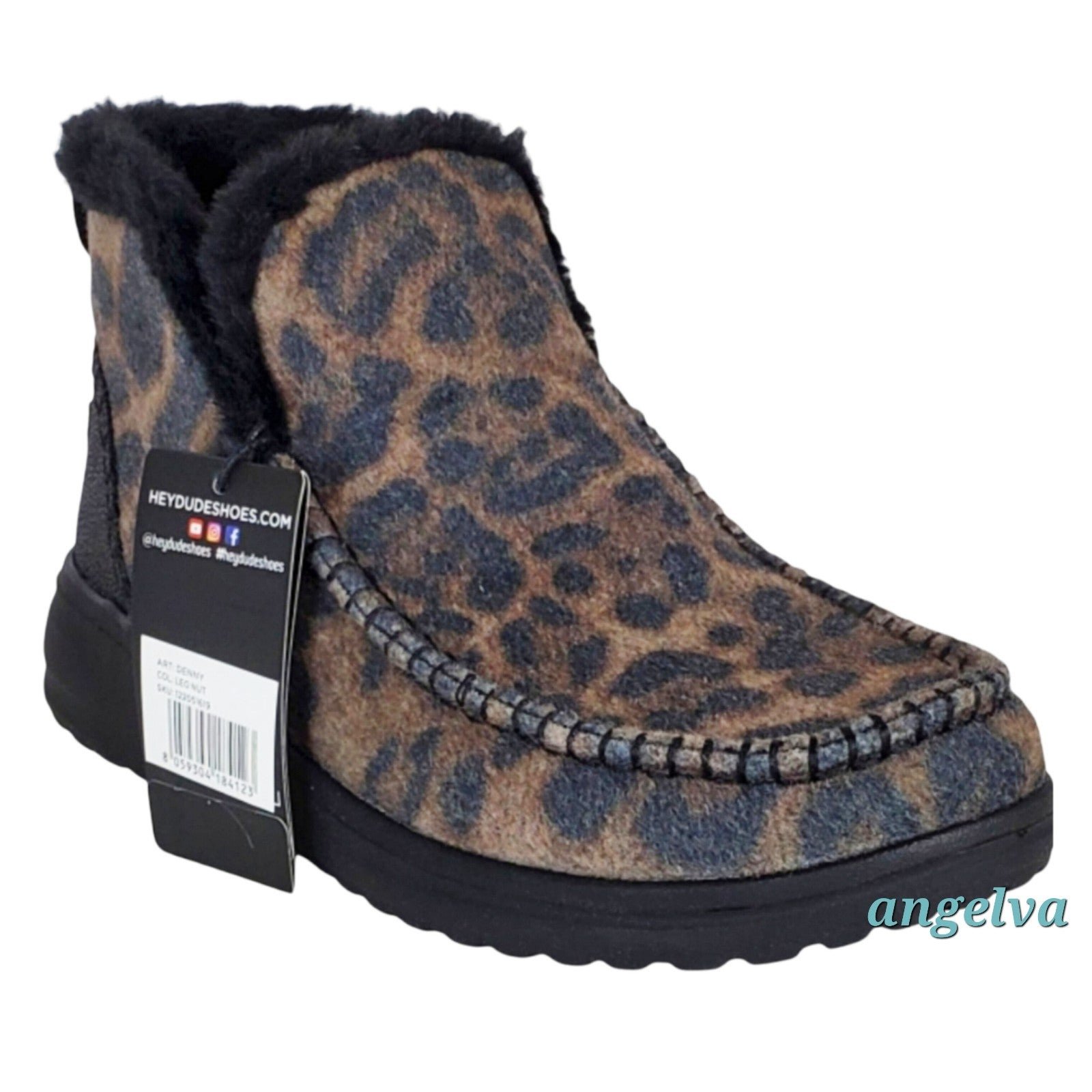 NWT hey dude womens 6 denny leopard print fur wool slip on booties in leo nut