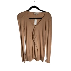 NWT LOFT Women's Size Small Ruffle Pullover Sweater V-Neck Career Tan Wool Blend