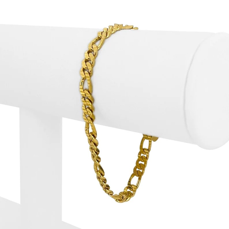 24k Pure Yellow Gold 19.4g Solid Diamond Cut 5mm Figaro Link Bracelet