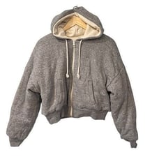 Madewell MWL Womens Size M Reversible Puffer Hoodie Zip Front Cozy Gray Cream