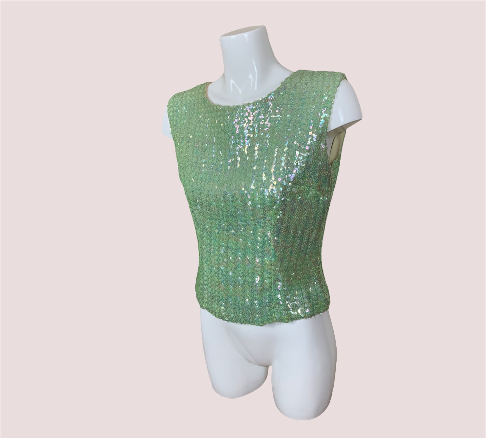 Vintage Stephen O’Grady Fitted Opalescent Green Sequined Sleeveless Top